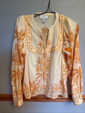 Calypso St. Barth Cream and Orange Botanical Tie-Front Tunic M